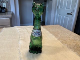 Vintage Italian Bessi Green Glass Decanter Bottle 9 " Cat Lid With Labels Rare