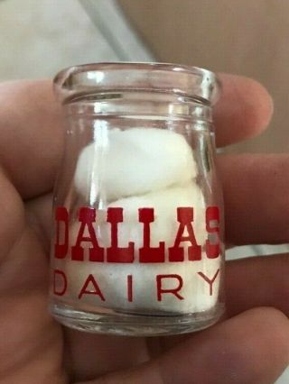 Vintage Dallas Dairy Round Glass Milk Creamer 1 7/8 " Red Pyro 2 Sided