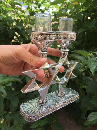 Jewish Shabbat Candle Holders Candlesticks Silver Plated Magen David Judaica Nib