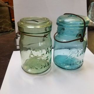 Rare Antique Old Early Atlas E - Z Seal Light Apple Green Canning Jar No Lid Estat