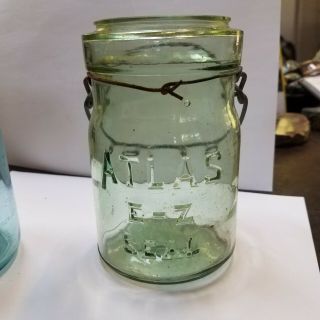 Rare antique old Early ATLAS E - Z SEAL Light Apple Green canning jar no lid estat 2
