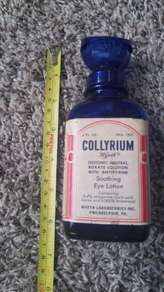 Vintage Antique WYETH COLLYRIUM Cobalt Blue Bottle Eye Wash Solution Bottle 2