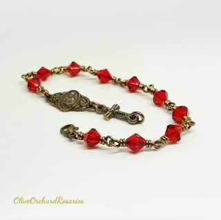Handmade Red Siam Swarovski Crystals Bronze Sacred Heart Rosary Bracelet