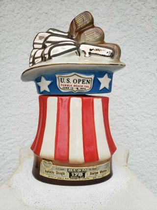 Jim Beam Bottle Decanter Us Open 1972 Golf Clubs Uncle Sam Hat Bag Whiskey Euc