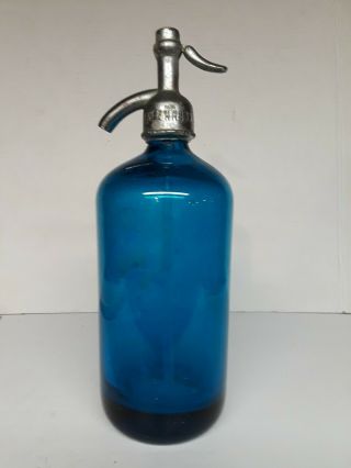 Vintage Blue Seltzer Bottle Greenwoods Beer Distributor,  Long Island Ny