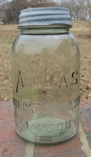 Vintage Olive Green Atlas Strong Shoulder Mason Quart Canning Jar