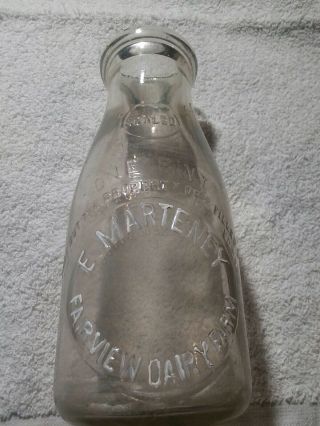 Vintage Embossed E.  Marteney Fairview Dairy Milk Bottle Rare One Pint