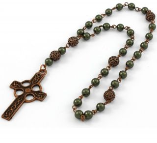 Anglican Prayer Beads / Rosary Dark Green Pearls & Celtic Cross,  Antique Copper