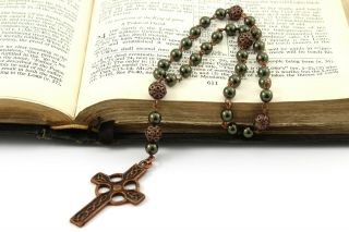 Anglican Prayer Beads / Rosary Dark Green Pearls & Celtic Cross,  Antique Copper 3