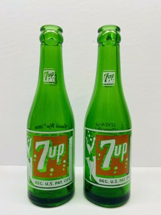 Vintage Set Of 2 Swim Suit Girl 7 Oz.  Green 7 - Up Soda Bottles