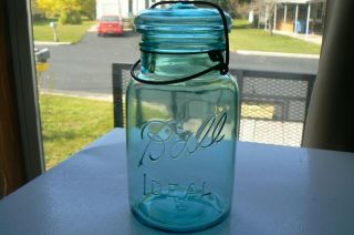 Rare 1923 3 Vintage Ball Ideal Quart Mason Jar Blue / Aqua W/ Wire & Lid