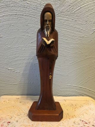 Hand Carved Wood/wooden Priest/friar Holding Prayer Book Or Bible Rosary On Belt
