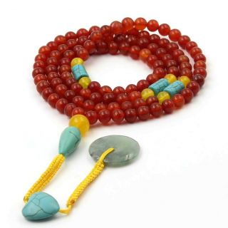 Tibet Buddhist 108 Red Agate Beads Prayer Mala Necklace Jadeite Peace Buckle