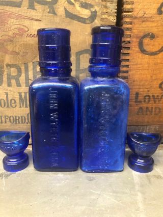 2 Cobalt Wyeth Bottles Dose Cup,  2 Eye Bath Antique Medicine Druggist Pharmacy