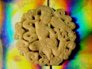 Buddhist Monk Wish Giving Fairy Effigy Magic Jade Carved Stone Disk,  Charm,  Amulet