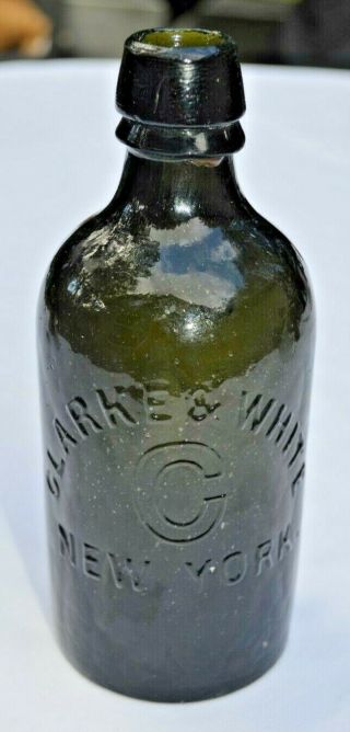 Repaired Black Glass Clarke & White " C " York Pint Size Mineral Water