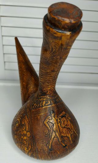 Vintage Spanish Porron Embossed Leather Wrapped Glass Wine Carafe W/ Bullfighter