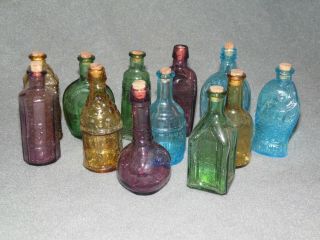 Set Of 12 Mini Glass Bottles W/ Corks Purple Blue Green Amber / Multiple Shapes