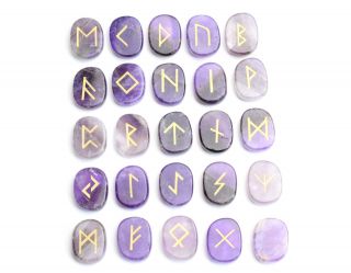 Natural Amethyst Palm Stones Engraved Pagan Lettering Wiccan Rune Stones Set