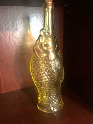 Vintage Italian Yellow Glass Fish Shaped Wine Bottle Decanter With Cork