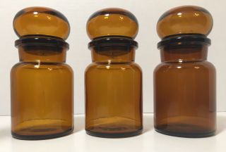 Set Of 3 Vintage 5.  5” Amber Glass Apothecary Jars Bubble Lid Made In Belgium
