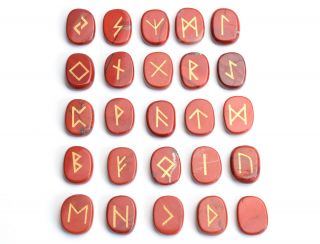 Natural Red Jasper Palm Stones Engraved Pagan Lettering Wiccan Rune Stones Set