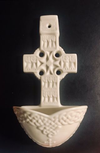 Belleek China Irish Celtic Cross Holy Water Font - - Made In Ireland.