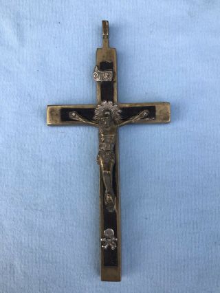Antique Vintage Pectoral Crucifix Cross Brass Ebony Inlay 4in