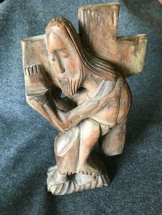 Haiti Solid Carved Wood Wooden Sculpture Jesus Christ Carrying Cross Primitive