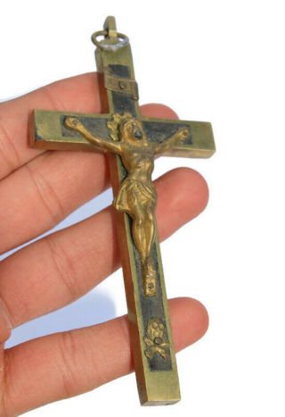 Vintage Antique Brass Metal Cross Crucifix Jesus Christ Religious Rosary Pendant