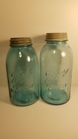 Antique Ball Perfect Mason Blue Glass Canning Jars With Zinc Lids