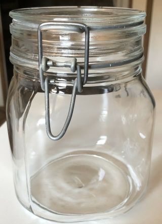Vintage 1 Liter Per Alimenti Only Glass Square Canister Jar Bail Wire Lid Fv