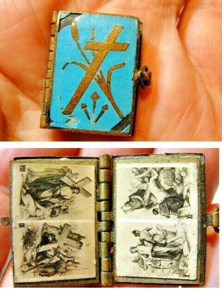 Antique French Enamel & Brass 1 " Mini Stations Of The Cross Religious " Book "