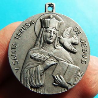 Large St Teresa Religious Medal Old Blessed Virgin Mary Spanish Catholic Pendant
