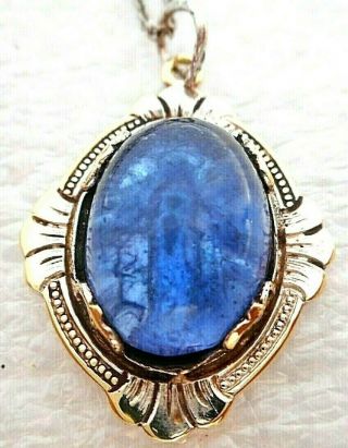 Antique 1880 - 1910 Mother Mary Blue Cabochon Pendant Copper Back - Sterling Chain