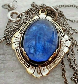 ANTIQUE 1880 - 1910 MOTHER MARY BLUE CABOCHON PENDANT COPPER BACK - STERLING CHAIN 2
