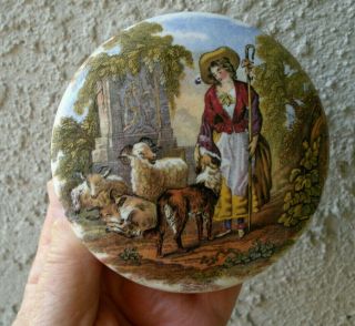 Antique,  Multi - Color,  Rated Scarce " The Shepherdess " Prattware Pot Lid