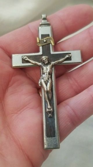 Antique Vintage Crucifix Cross Religious Pendant Silver Metal & Wood Inlay 3 "