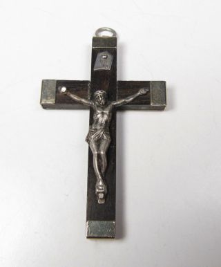 Vintage Ebony Nickel Silver Metal Crucifix France Depose Religious Nos French