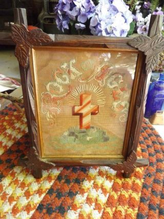 Lovely Antique Embroidered Rock Of Ages Crucifix Cross In Wood Frame