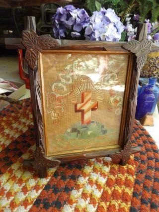 Lovely Antique Embroidered Rock of Ages Crucifix Cross In Wood Frame 2