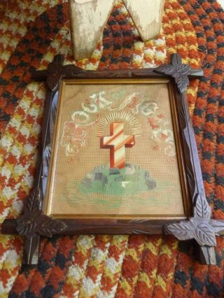 Lovely Antique Embroidered Rock of Ages Crucifix Cross In Wood Frame 3