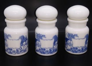 Set Of 3 Vintage Milk Glass Apothecary Jar Blue Victorian Scene Made In Belgium
