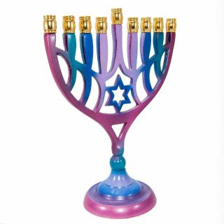 Jewish Magen David Hanukkah Menorah 9 Inch Hand Painted Candle Stand Israel