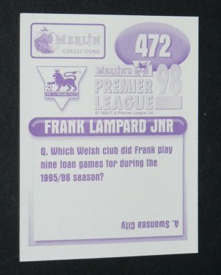 472 FRANK LAMPARD WEST HAM HAMMERS MERLIN PREMIER LEAGUE FOOTBALL 1997 - 1998 2