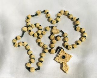 Antique Rosary With Stanhope Cross Viewer And Carved Bone Bovine Beads