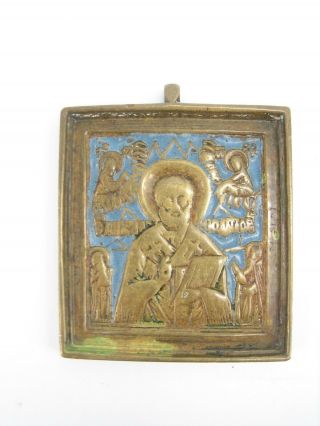 Antique XVIII - XIXc Russian Hand Made BRONZE Enamel Small Icon Saint Nicholas RAR 2