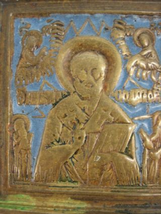 Antique XVIII - XIXc Russian Hand Made BRONZE Enamel Small Icon Saint Nicholas RAR 3