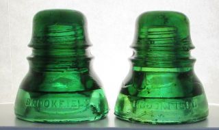 2 Brookfield Cd 152 Glass Insulators In Emerald Green & Green W/ Error Embossing