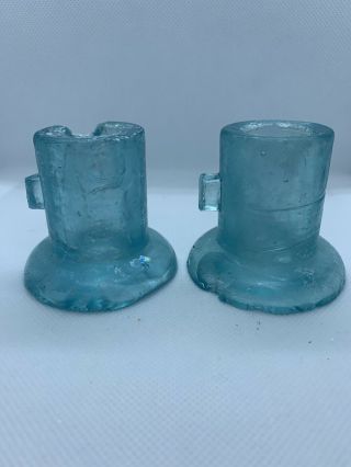 2 Vintage No Embossing Threadless Glass Insulators Light Ice Blue Lightning Rod